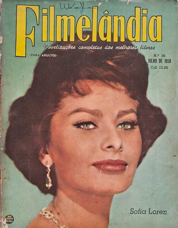 Filmelândia número 56.   Revistas antigas de cinema. Capa com Sophia Loren.  Editora:  Rio Gráfica Editora.  Edição: Julho/1959. 