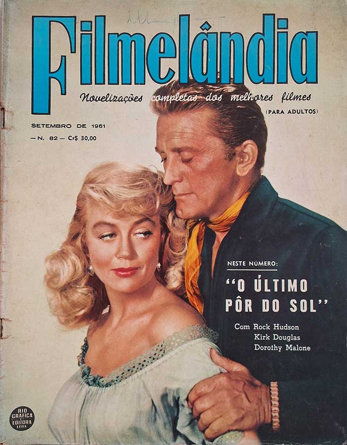 Filmelândia número 82.   Revistas antigas de cinema. Capa com Kirk Douglas e Dorothy Malone. Contracapa com Tony Curtis. Editora:  Rio Gráfica Editora.  Edição: Setembro/1961. 