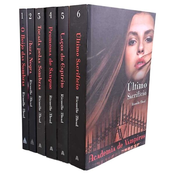 Academia de Vampiros. Série Completa com 6 volumes.   Autor: Richelle Mead.  1. O Beijo das Sombras; 2. Aura Negra; 3. Tocada pelas Sombras; 4. Promessa de Sangue; 5. Laços do Espírito; 6. Último Sacrifício.  Livros usados. Séries completas.  Editora: Agir.  