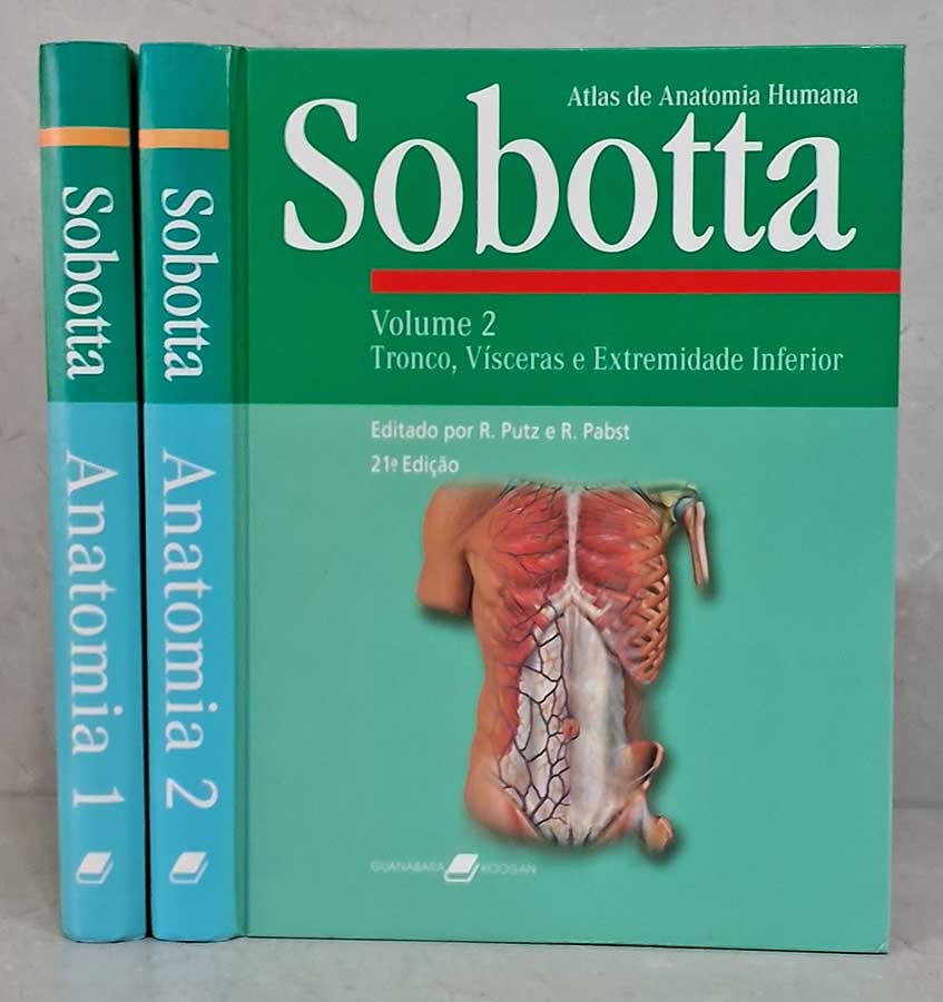 Sobotta Atlas de Anatomia Humana 2 Volumes. 21ª Edição.  Autores: R. Putz; R. Pabst.  Volume 1: Cabeça, Pescoço e Extremidade Superior; Volume 2: Tronco, Vísceras e Extremidade Inferior.  Livros Usados/Seminovos.  Editora: Guanabara Koogan. 