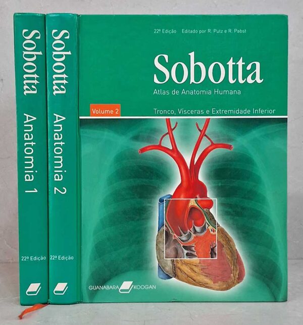 Sobotta Atlas de Anatomia Humana 2 Volumes. 22ª Edição.  Autores: R. Putz; R. Pabst.  Volume 1: Cabeça, Pescoço e Extremidade Superior; Volume 2: Tronco, Vísceras e Extremidade Inferior.  Livros Usados/Seminovos.  Editora: Guanabara Koogan. 