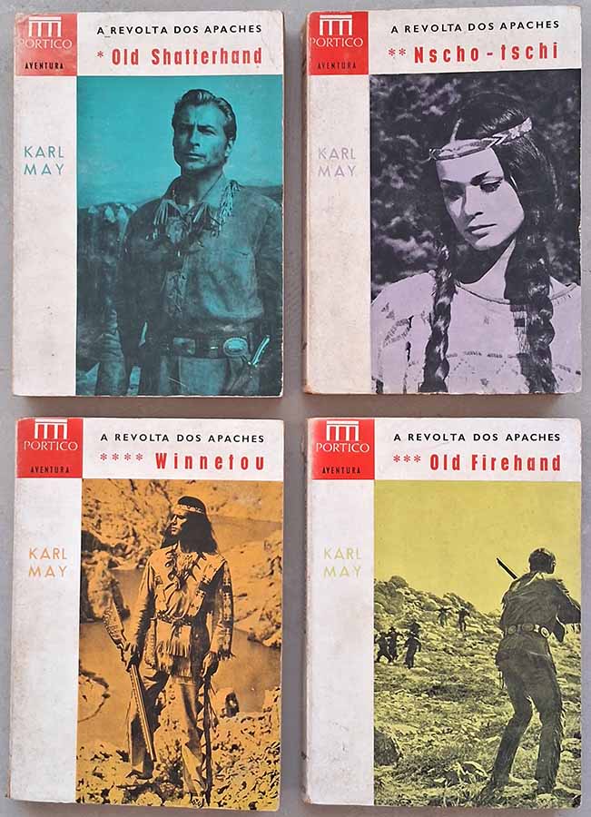 A Revolta dos Apaches.  Série completa em 4 volumes.  Autor: Karl May.  Livros Usados. Séries Completas.  Volumes: 1. Old Shatterhand; 2. Nscho-Tschi; 3. Winnetou e 4. Old Firehand.