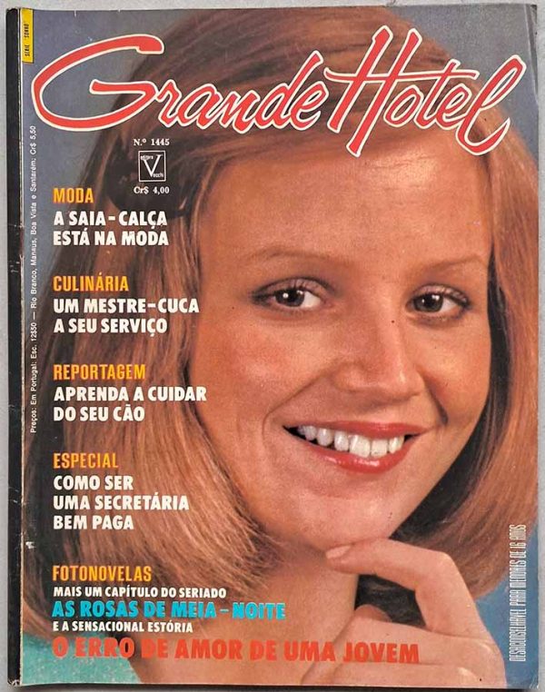 Revista Grande Hotel Nº 1445.  Fotonovelas completas: As Rosas da Meia-Noite comMaria Rosaria Omaggio, Ben Ekland, Erna Schurer. O erro de amor de uma jovem com marina Coffa, Max Delys, Raika Juri e Gianni Vannicola.  Editora: Vecchi.   Edição: 14/Abril/1975. 