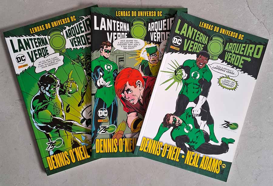 Lendas do Universo DC: Lanterna Verde/Arqueiro Verde.  Coleção completa em 3 Volumes. Artes: Dennis O'Neil; Neal Adams.  Coleções completas de Gibis & HQs. Histórias em quadrinhos com Lanterna Verde e Arqueiro Verde.  Gibis da DC Comics.  Editora: Panini Comics. 