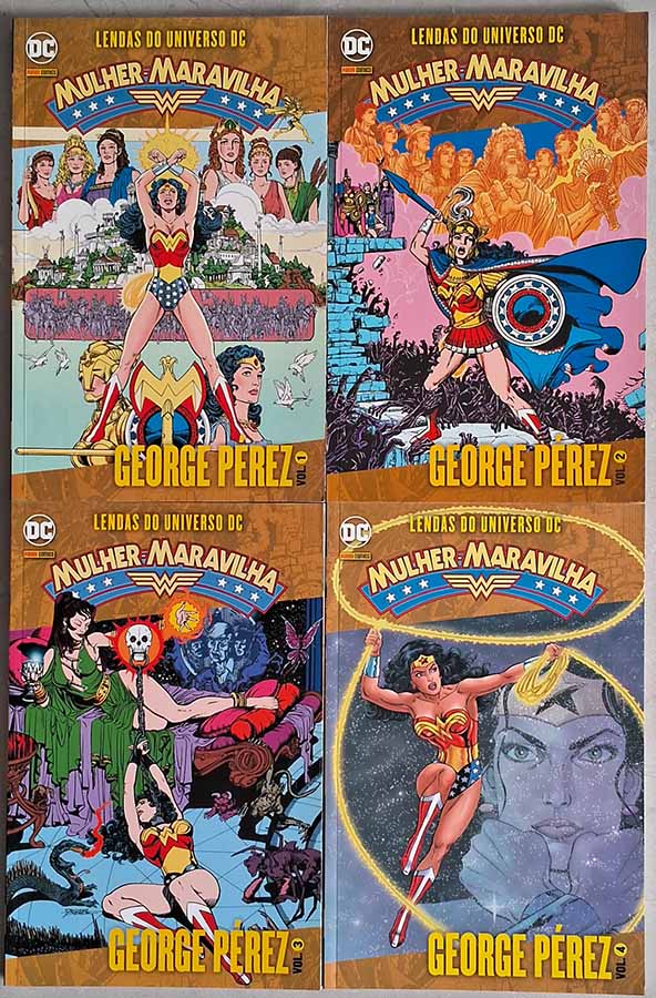 Lendas do Universo DC: Mulher Maravilha.  Coleção completa em 4 Volumes. Artes: George Perez.  Coleções completas de Gibis & HQs. Histórias em quadrinhos com Mulher Maravilha. Gibis da DC Comics.  Editora: Panini Comics. 