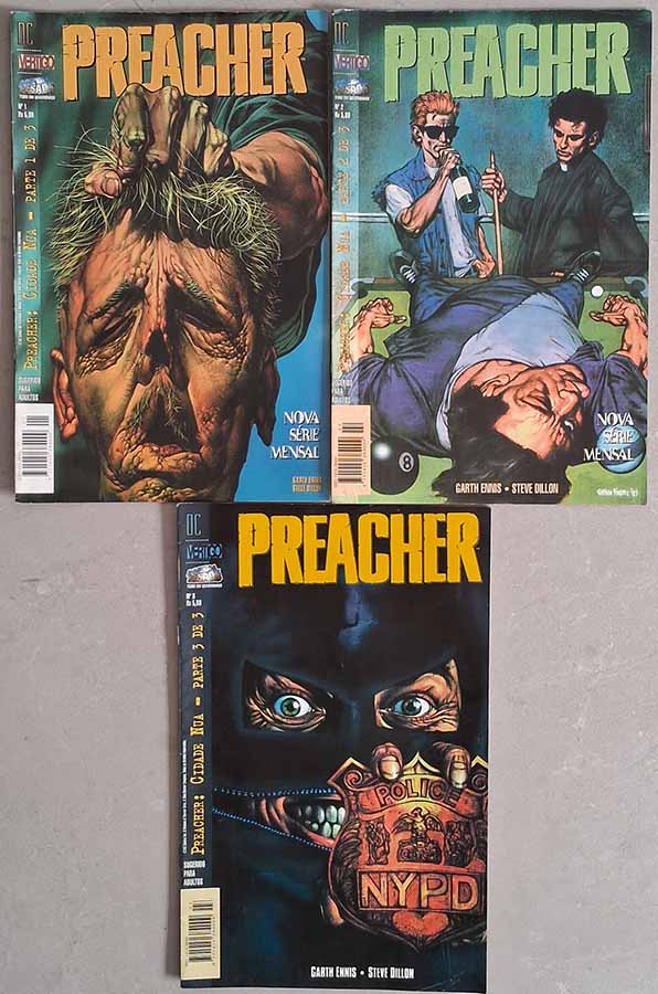 Preacher: Cidade Nua.  Minissérie Completa em 3 partes.  Gibis & Quadrinhos. Minisséries Completas. Editora: Metal Pesado. 