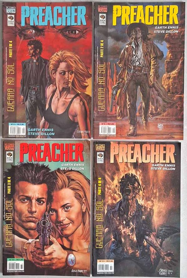 Preacher: Guerra no Sol.  Minissérie Completa em 4 partes.  Por Garth Ennis; Steve Dillon.  Gibis & Quadrinhos. Minisséries Completas. Editora: Brainstore. 